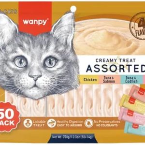 Wanpy friandise pour chat avec 4 saveurs 50 piéces de 14g