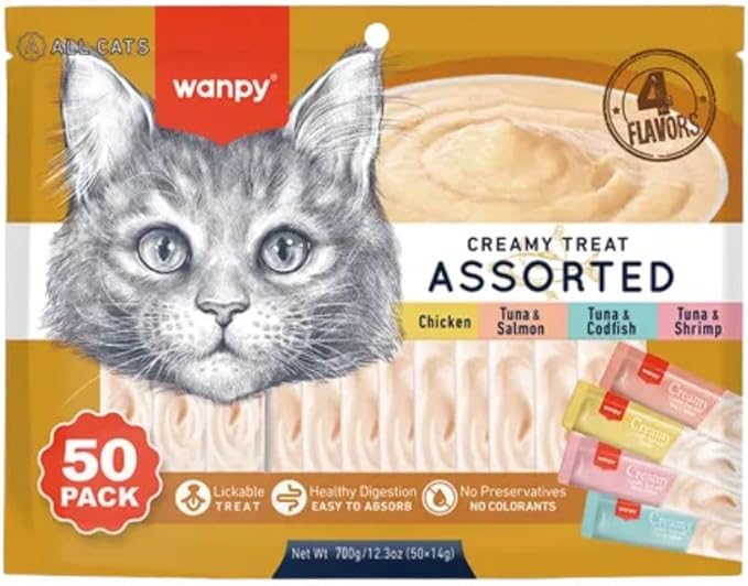 Wanpy friandise pour chat avec 4 saveurs 50 piéces de 14g