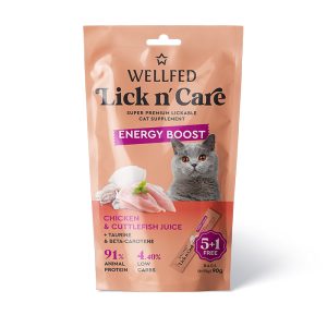 WELLFED Lick n’ Care Energy Boost Poulet & Jus de Seiche – 5+1 × 15 g