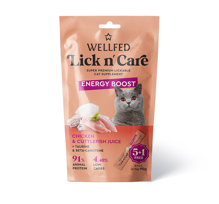 WELLFED Lick n’ Care Energy Boost Poulet & Jus de Seiche – 5+1 × 15 g
