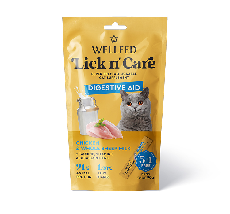 WELLFED Lick n’ Care Digestive Aid Poulet & Lait de Brebis – 5+1 × 15 g