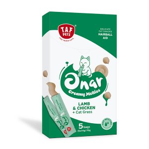 ONAR Creamy Mealties Hairball Aid Agneau, Poulet & Herbe à Chat – 5 × 14 g