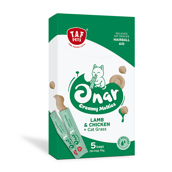 ONAR Creamy Mealties Hairball Aid Agneau, Poulet & Herbe à Chat – 5 × 14 g