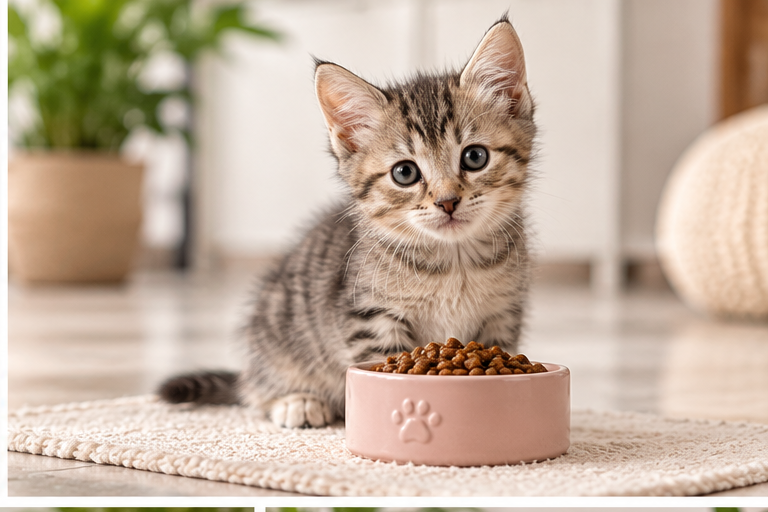 Chaton avec un bol de croquettes adaptées à sa croissance