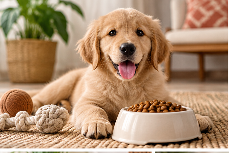 Chiot avec un bol de croquettes adaptées à sa croissance