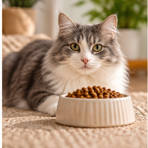 Chat adulte devant un bol de croquettes