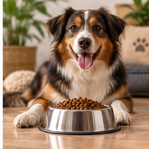 Chien adulte devant un bol de croquettes